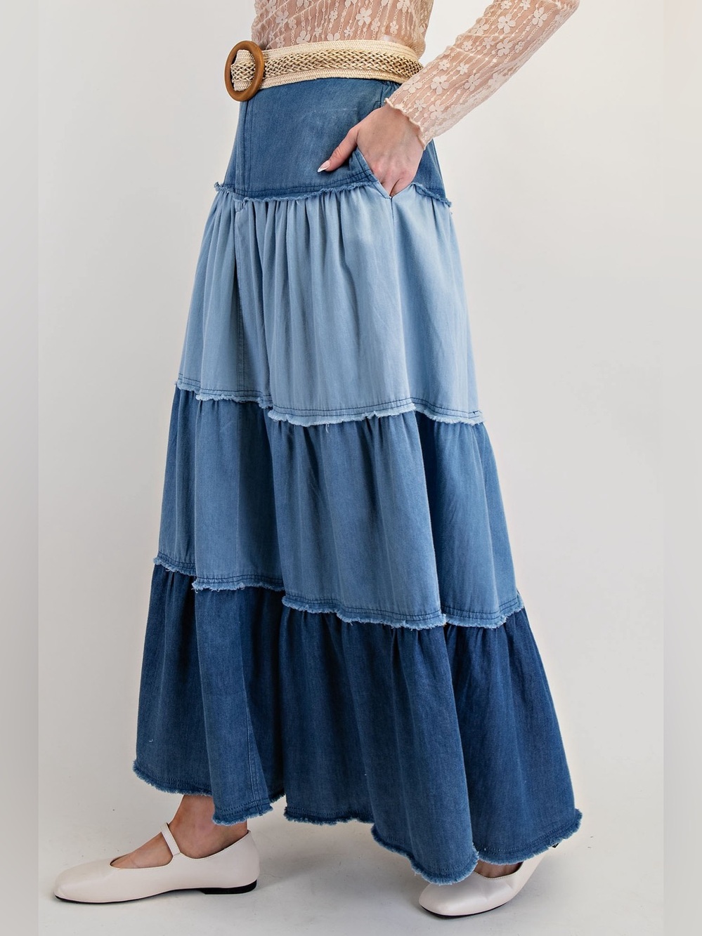 Tiered Denim Maxi Skirt - Blue - Picture 3 of 3